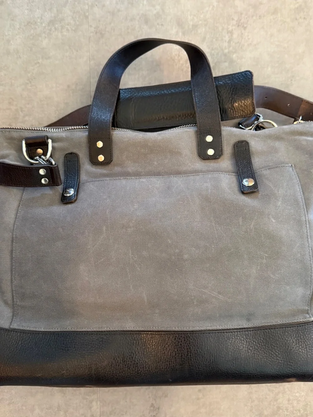 Ernest Alexander Varick gray twill canvas briefcase, dark brown leather